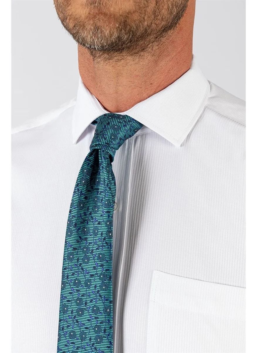 Tudors Classic Fit Long Sleeve Dobby Tie Collar Patterned Men's White Shirt
