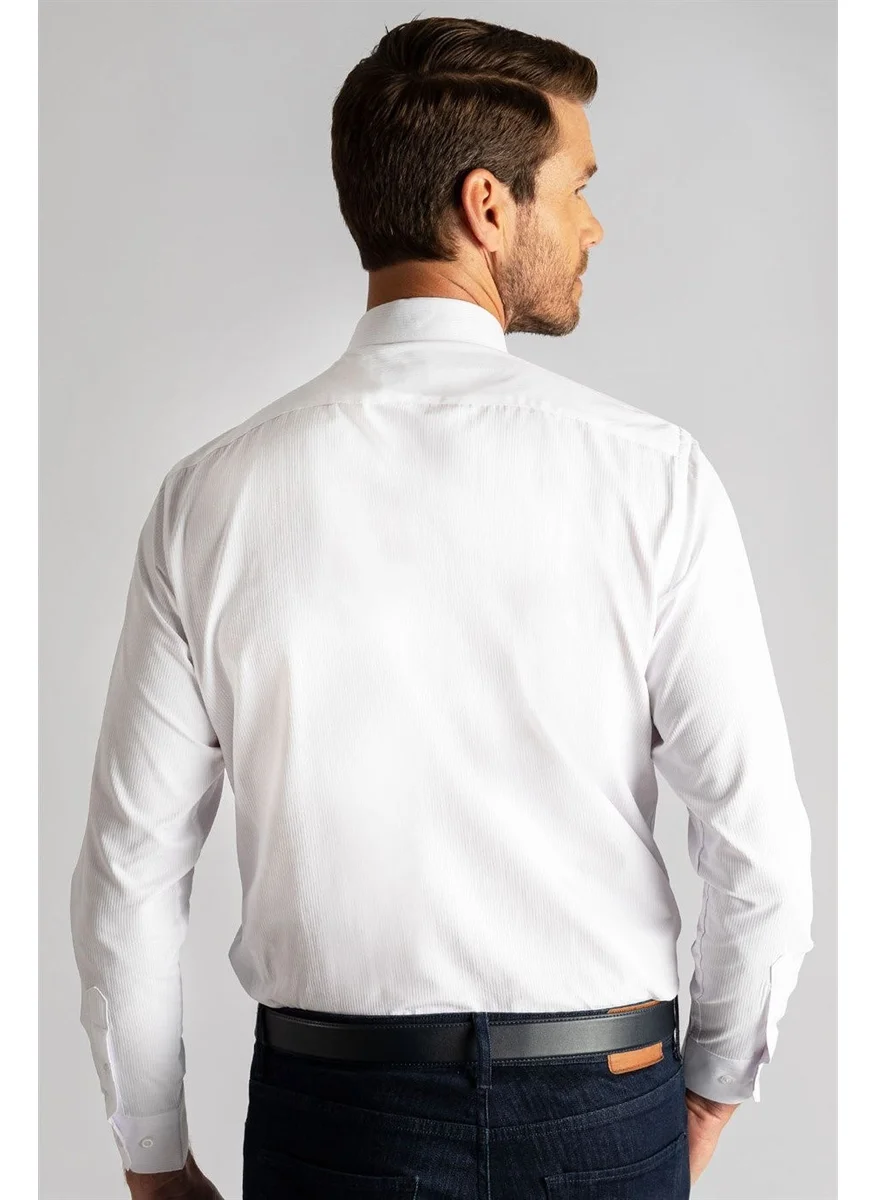Tudors Classic Fit Long Sleeve Dobby Tie Collar Patterned Men's White Shirt