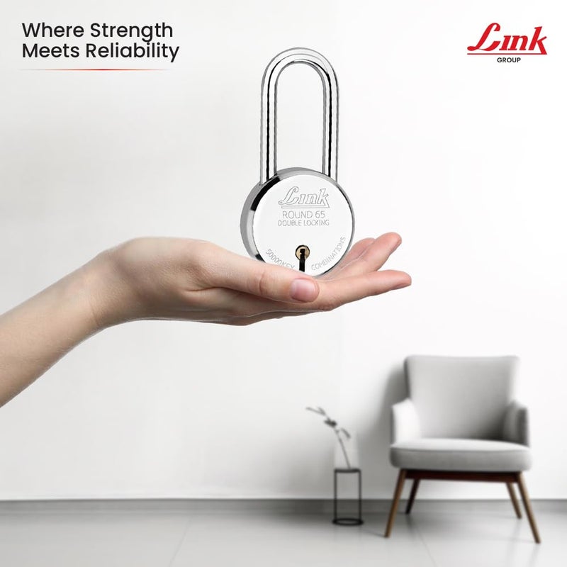 Link ® 65mm New Round Padlock with Long Shackle – Stainless Steel Body, Iron Lever, Double Locking Mechanism, Includes 3 Silver Keys – Durable Security Lock for Home, Gate, and Shutter – Made in India - Image 5