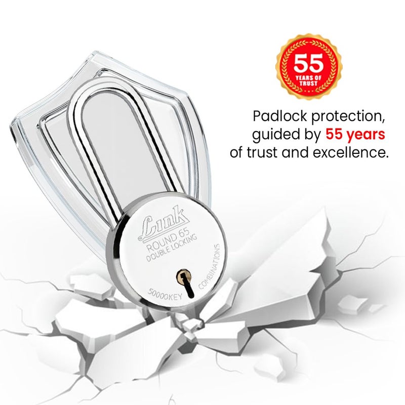 Link ® 65mm New Round Padlock with Long Shackle – Stainless Steel Body, Iron Lever, Double Locking Mechanism, Includes 3 Silver Keys – Durable Security Lock for Home, Gate, and Shutter – Made in India - Image 3