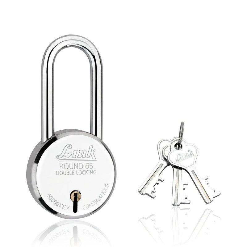 Link ® 65mm New Round Padlock with Long Shackle – Stainless Steel Body, Iron Lever, Double Locking Mechanism, Includes 3 Silver Keys – Durable Security Lock for Home, Gate, and Shutter – Made in India - Image 1