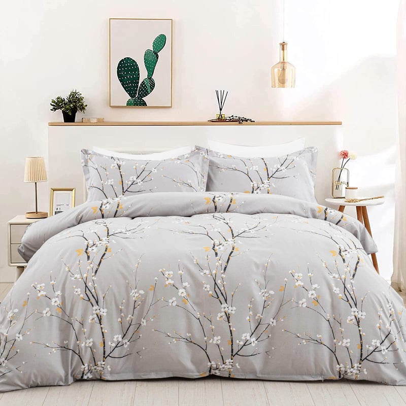 WONGS BEDDING WONGS BEDDING Light Grey Duvet Cover Set Queen Flower Plum Blossom Prnited Bedding Set with 1 Pillowcase3 Pcs Soft Microfiber Comforter Cover with Zipper Closure for Kids 90x90Not Comforter 