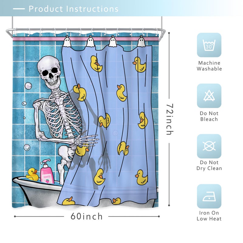 Riyidecor Funny Shower Curtain 60Wx72H Inch Kids Gothic Skull Skeleton in Bathtub Bathing Spooky Yellow Rubber Duck Cool Hilarious Modern Boys Bathroom Decor Fabric Polyester Waterproof 12 Pack Hooks - Image 5