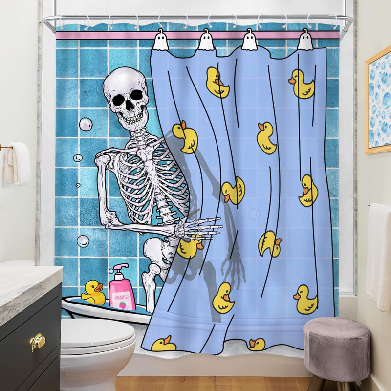 Riyidecor Funny Shower Curtain 60Wx72H Inch Kids Gothic Skull Skeleton in Bathtub Bathing Spooky Yellow Rubber Duck Cool Hilarious Modern Boys Bathroom Decor Fabric Polyester Waterproof 12 Pack Hooks - Image 4