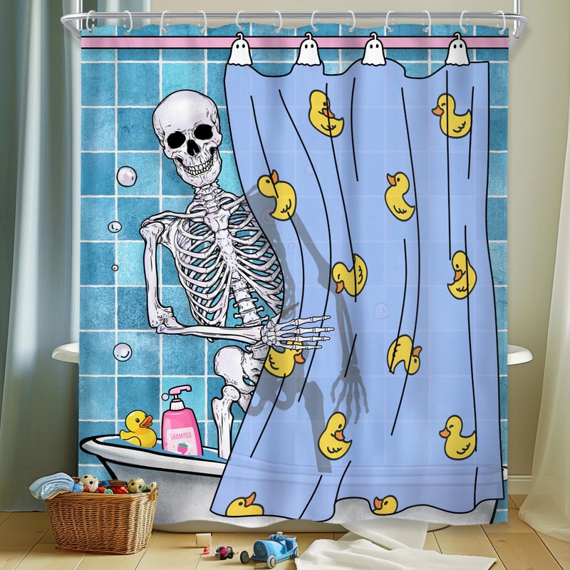 Riyidecor Funny Shower Curtain 60Wx72H Inch Kids Gothic Skull Skeleton in Bathtub Bathing Spooky Yellow Rubber Duck Cool Hilarious Modern Boys Bathroom Decor Fabric Polyester Waterproof 12 Pack Hooks - Image 1