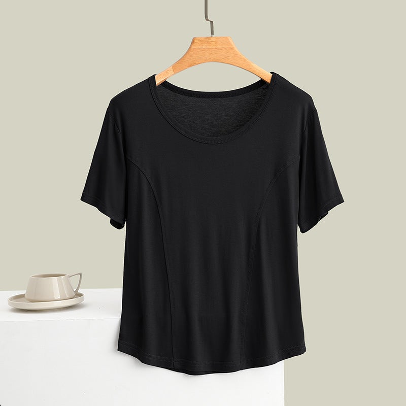 Modal Stitching Crewneck Short-Sleeved T-Shirt Women'S Summer Plus Size Thin Slim Outer Wear Top Slim-Fit Inner Base Shirt - Image 1