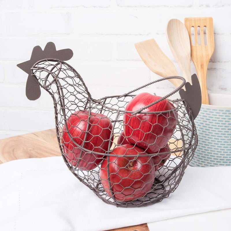 tag 11.5 inch Farmhouse Rustic Vintage Chicken Wire Egg Basket With Handle For Egg Holder Fruit And Kitchen Living Room Home Rooster Decor Decoration Collecting And Countertop Storing Eggs Brown - Image 2