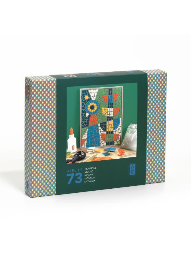 Djeco Atelier 73 Mosaic Art Kit, DIY Craft Set with Printed Wooden Panel, 100 Ceramic Tiles, Mosaic Nippers, Glue and Cement, Flexible Spatula, Template, Creative Hobby Kit for Home Decorative Art - Image 1