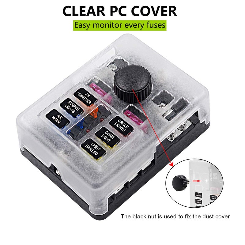 femedo 6 Way Fuse Block W/Negative Bus - ATC/ATO 6 Circuit Fuse Box with Ground, with Negative Bus & Protection Cover, Bolt Connect Terminals, 70 pcs Stick Label, for 12V/24V Vehicle Car Boat Marine Auto - Image 2