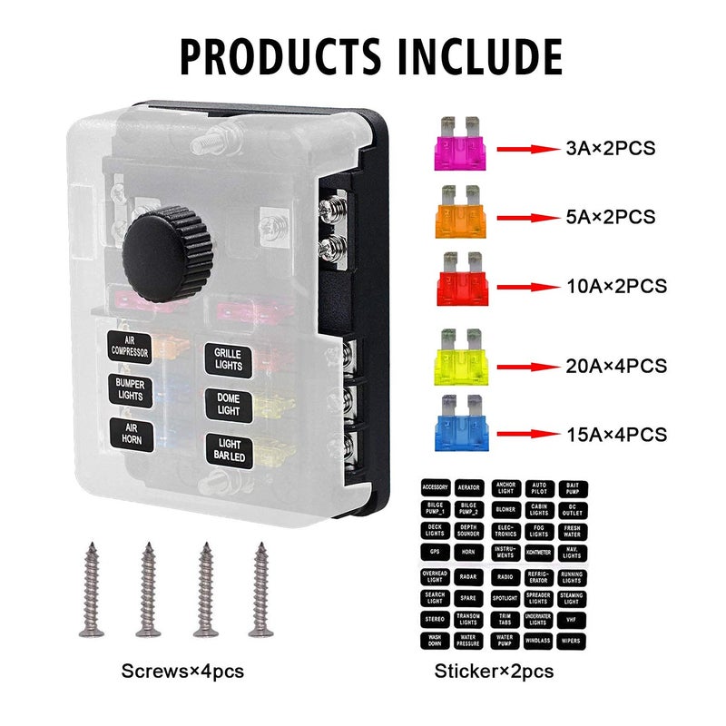 femedo 6 Way Fuse Block W/Negative Bus - ATC/ATO 6 Circuit Fuse Box with Ground, with Negative Bus & Protection Cover, Bolt Connect Terminals, 70 pcs Stick Label, for 12V/24V Vehicle Car Boat Marine Auto - Image 5