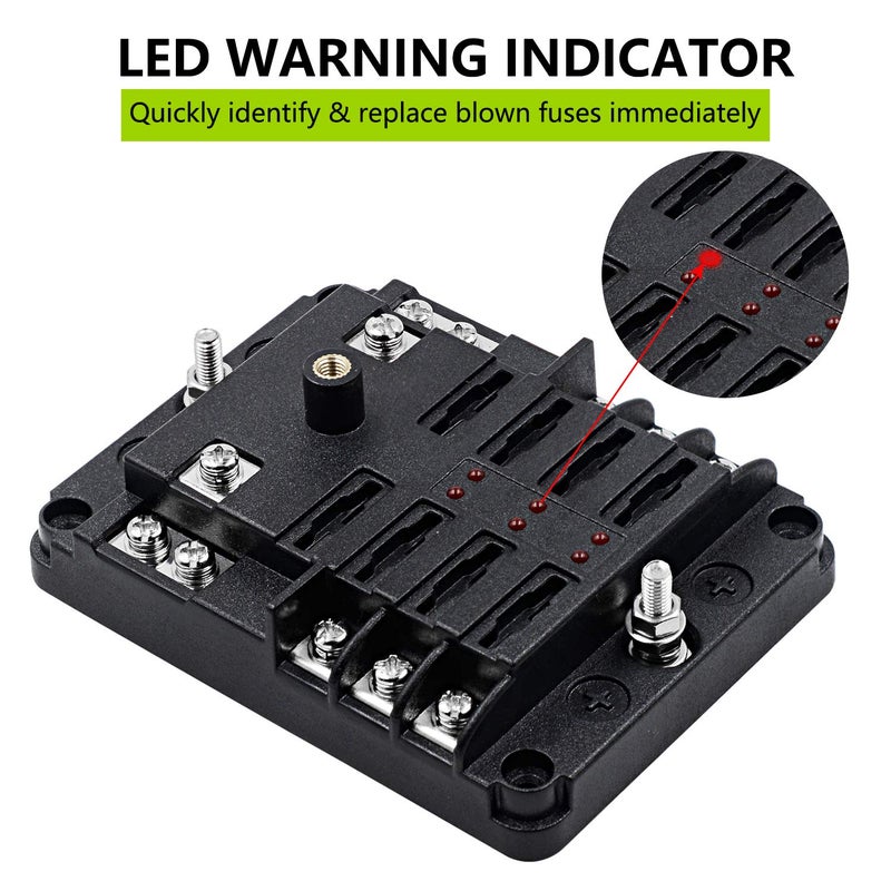 femedo 6 Way Fuse Block W/Negative Bus - ATC/ATO 6 Circuit Fuse Box with Ground, with Negative Bus & Protection Cover, Bolt Connect Terminals, 70 pcs Stick Label, for 12V/24V Vehicle Car Boat Marine Auto - Image 3