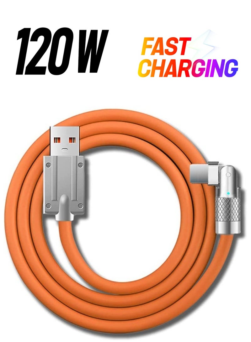 كابل iPhone للشحن السريع يدور 180 درجة، كابل شاحن لايتنينج مع ضوء شحن LED، شحن آمن من المطاط السميك المتين لهاتف iPhone 14 13 12 11 Pro Max XR XS X 8 7 6 (لهاتف iPhone، برتقالي 2 متر) - Image 1