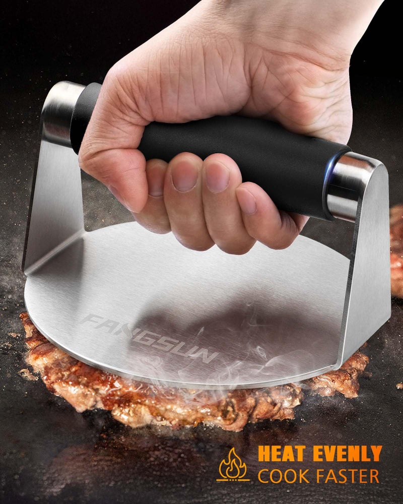 FANGSUN Burger Press with Anti-Scald Handle, 5.8 Inch Stainless Steel Burger Smasher, Round Non-Stick Hamburger Press for Griddle, Griddle Accessories Kit for Flat Grill Cooking, Gift Package - Image 4