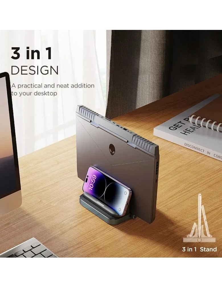 JOYROOM حامل لابتوب عمودي، سهل الاستخدام وموفر للمساحة، حامل لابتوب من الألمنيوم لمكتب، تصميم 3 في 1 لحامل الهاتف مع مقبض قابل للتعديل للابتوب والهواتف المحمولة والأجهزة اللوحية، (أسود)  - Image 2