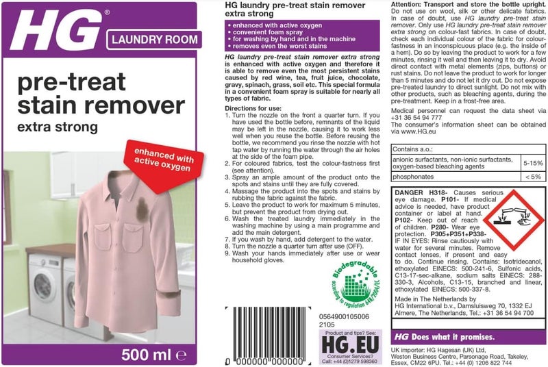HG Laundry Pre-Treat Stain Remover, Extra Strong Pre-Wash Clothing & Fabric Spray with Active Oxygen, Removes Spots & Stains, Heavy Duty Formula Ideal for Whites & Colours – 500ml (649050106) - Image 2
