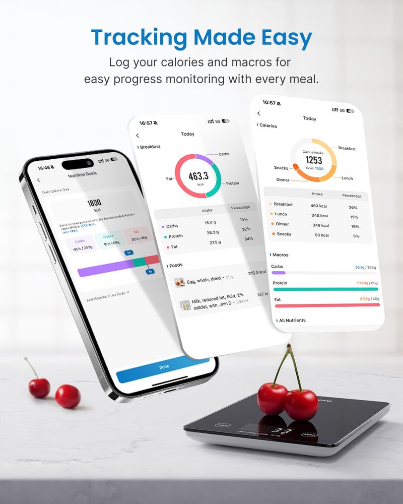 RENPHO Digital Kitchen Scale, Smart Food Weight Scale with Nutritional Calculator, Gram Scale for Weight Loss Cooking Baking Keto Macro Diet, Black Glass, 22lb/10kg - Image 3