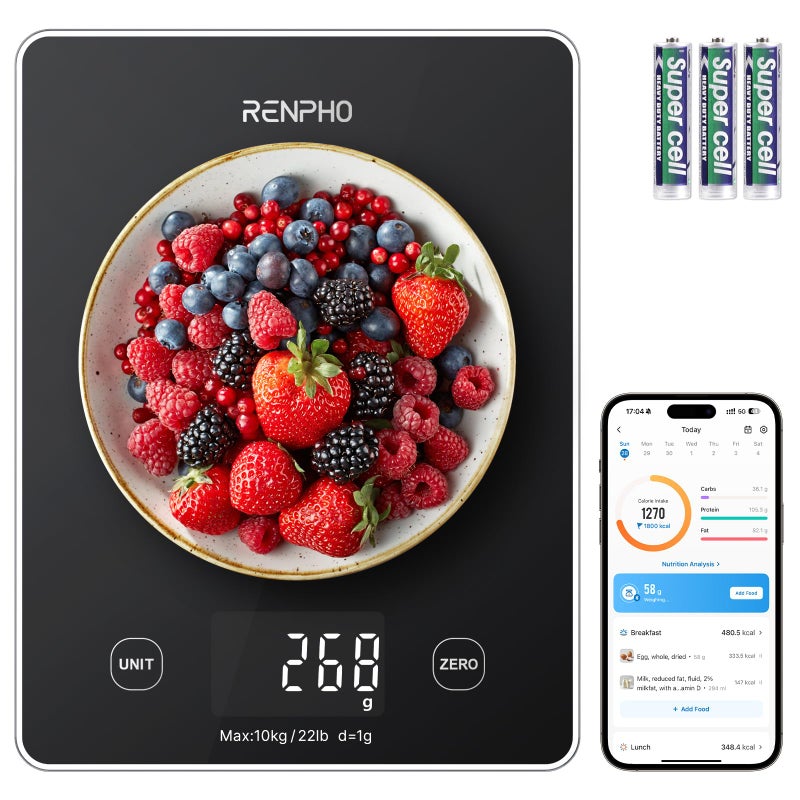 RENPHO Digital Kitchen Scale, Smart Food Weight Scale with Nutritional Calculator, Gram Scale for Weight Loss Cooking Baking Keto Macro Diet, Black Glass, 22lb/10kg - Image 1