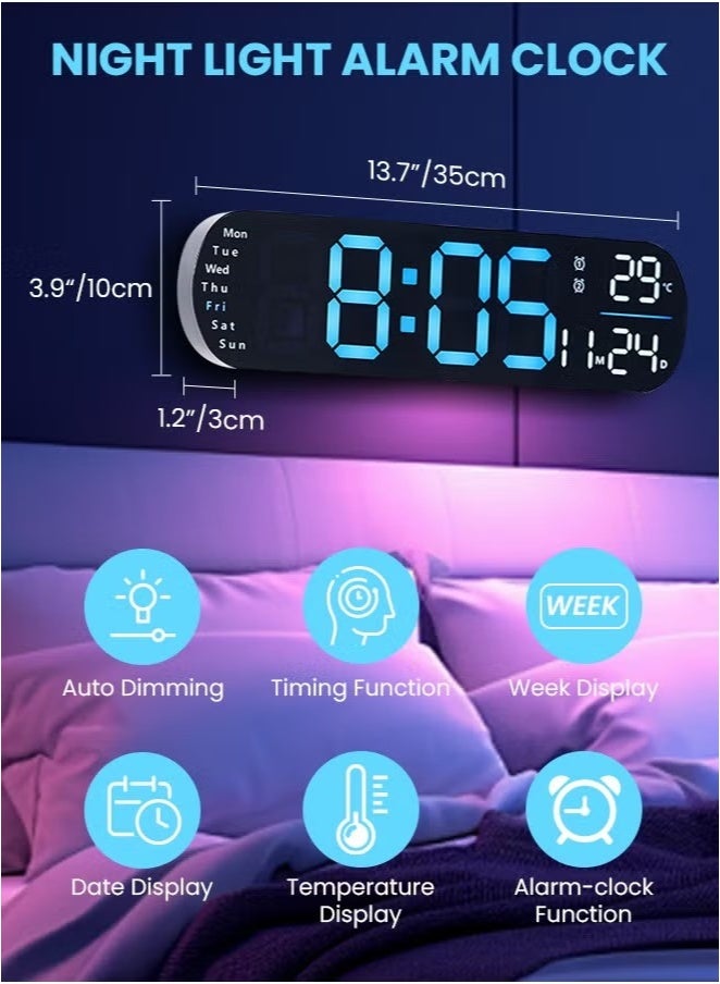 ساعة حائط رقمية LED، ساعة حائط رقمية LED RGB مع جهاز تحكم عن بُعد - شاشة كبيرة مع التاريخ، الأسبوع، درجة الحرارة، منبه مزدوج، تعتيم تلقائي، 9 ألوان إضاءة ليلية - ساعة طاولة للمنزل، غرفة النوم، المكتب - Image 2