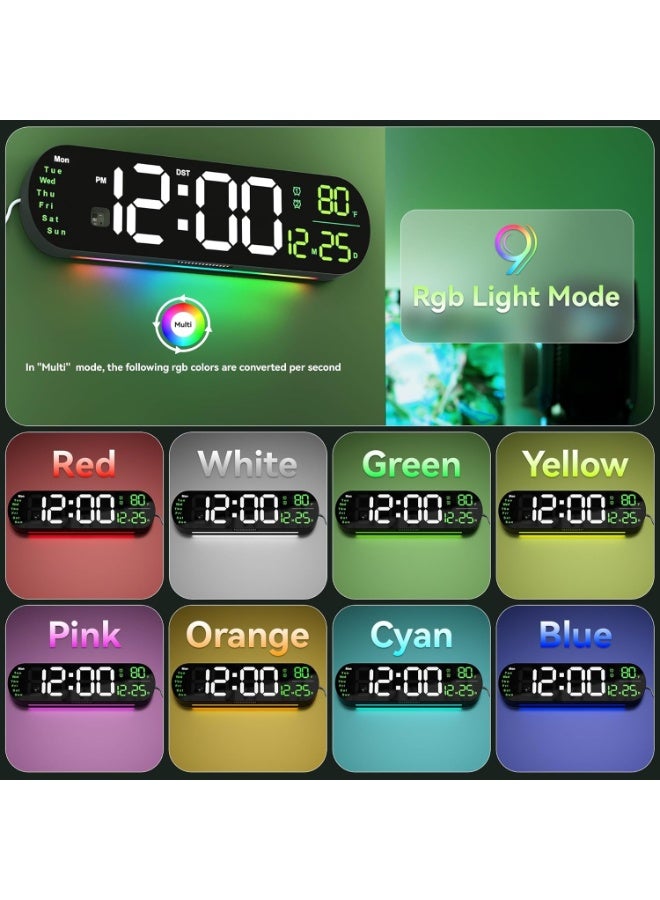 ساعة حائط رقمية LED، ساعة حائط رقمية LED RGB مع جهاز تحكم عن بُعد - شاشة كبيرة مع التاريخ، الأسبوع، درجة الحرارة، منبه مزدوج، تعتيم تلقائي، 9 ألوان إضاءة ليلية - ساعة طاولة للمنزل، غرفة النوم، المكتب - Image 5