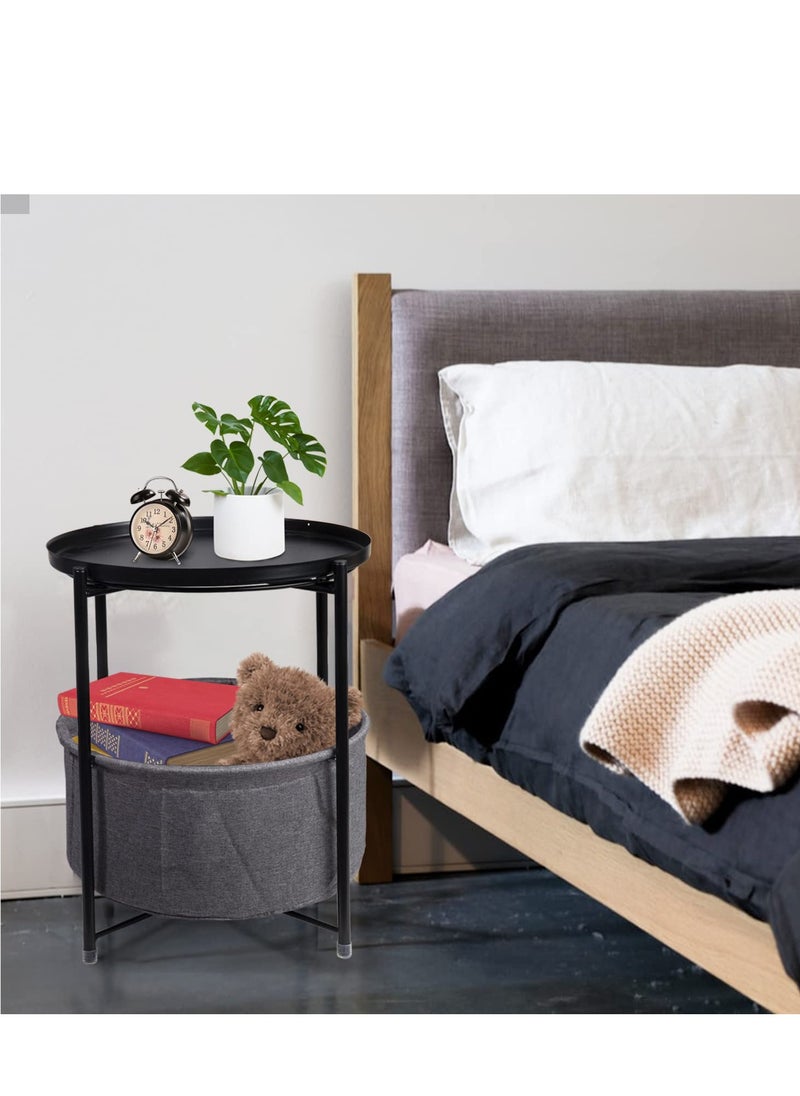 Arabest Round End Table with Storage Basket Black White 45*45*52cm  - Image 1