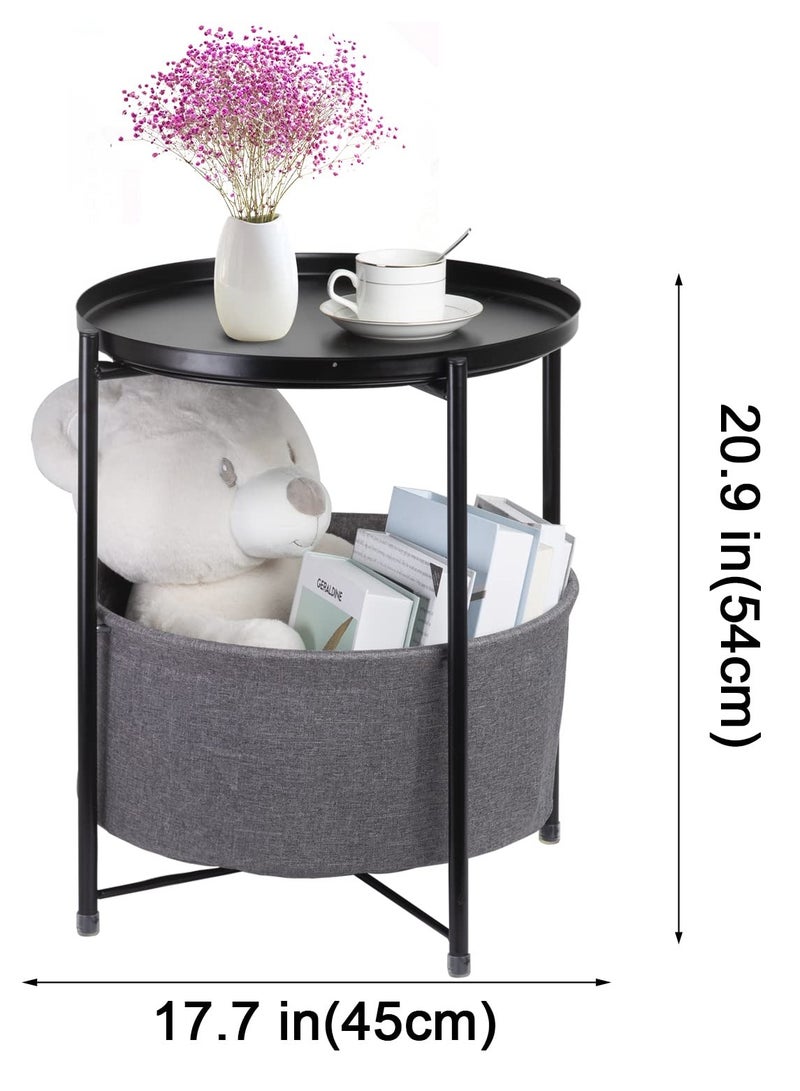 Round End Table with Storage Basket Black White 45*45*52cm