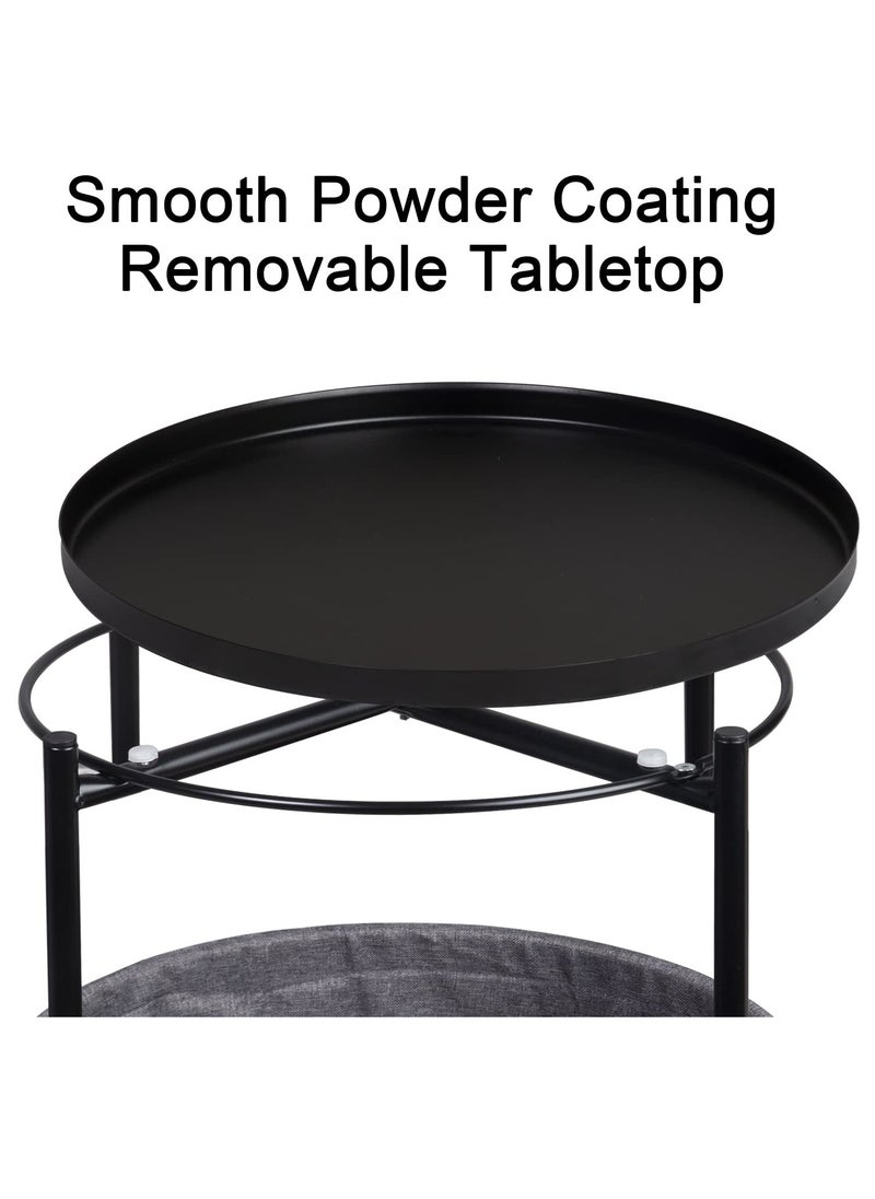 Arabest Round End Table with Storage Basket Black White 45*45*52cm  - Image 5