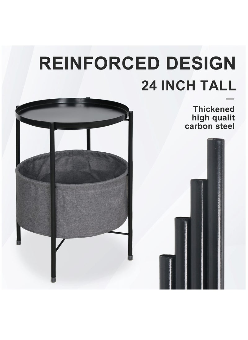 Arabest Round End Table with Storage Basket Black White 45*45*52cm  - Image 4