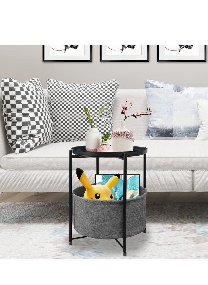 Round End Table with Storage Basket Black White 45*45*52cm