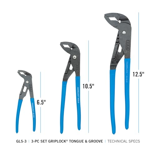 CHANNELLOCK GLS-3 3-Piece GRIPLOCK Tongue & Groove Pliers Set, 6.5", 9.5", 12.5" Water Pump Pliers, Patented PERMALOCK Fastener, Forged High Carbon Steel, Made In the USA - Image 2