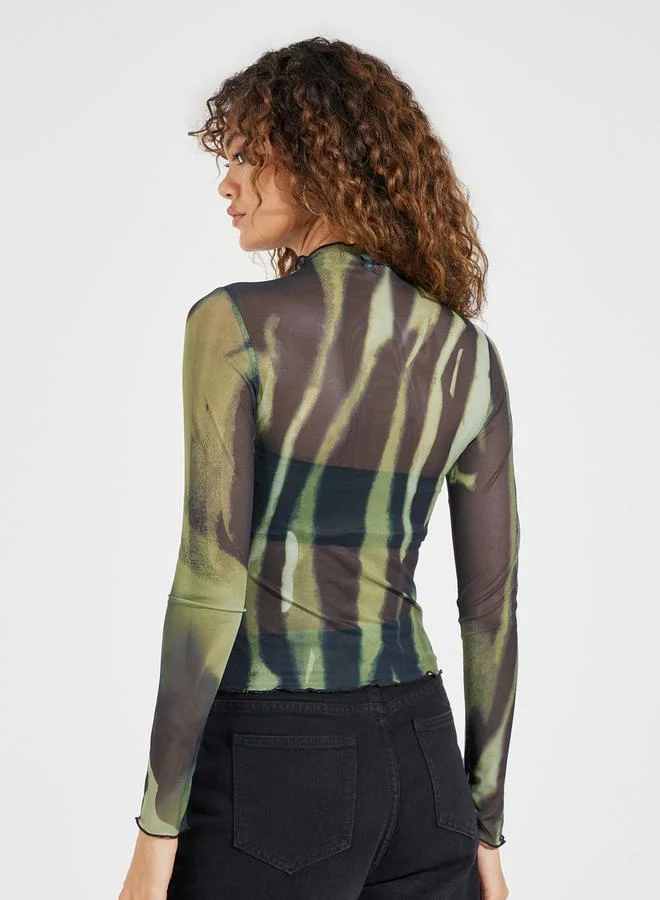Styli Styli Mesh Tie Dye Fitted T-Shirt with Inner Bandeau
