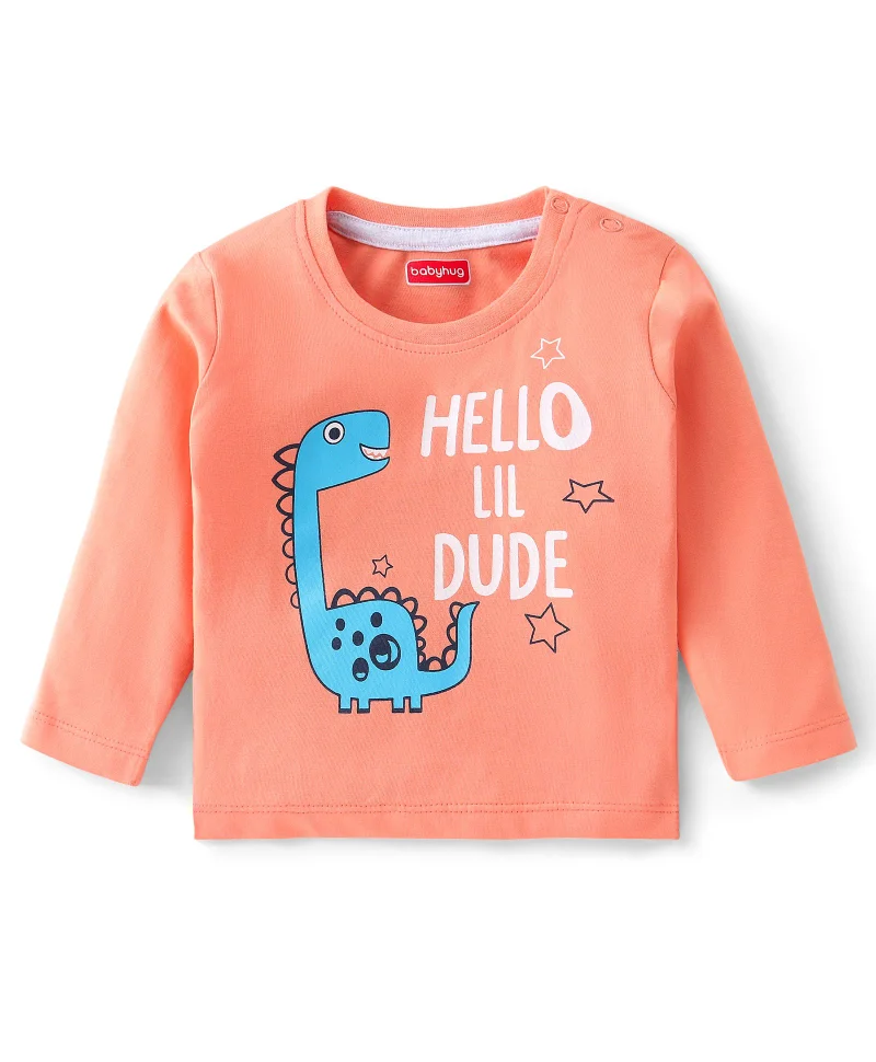 babyhug Babyhug 100% Cotton Knit Full Sleeves T-Shirt with Graphics Dino Print - Light Orange