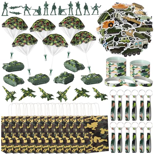 Blueweenly 166 Pieces Army Party Favors Includes Camouflage Keychain Wristband Parachute Tank Plane Military Soldier Toy Camo Bag for Boys Camo Military Birthday Party Supplies Decorations Fillers - Image 1