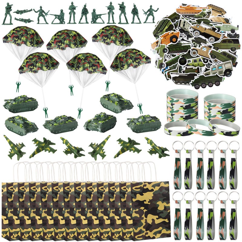 Blueweenly 166 Pieces Army Party Favors Includes Camouflage Keychain Wristband Parachute Tank Plane Military Soldier Toy Camo Bag for Boys Camo Military Birthday Party Supplies Decorations Fillers - Image 3