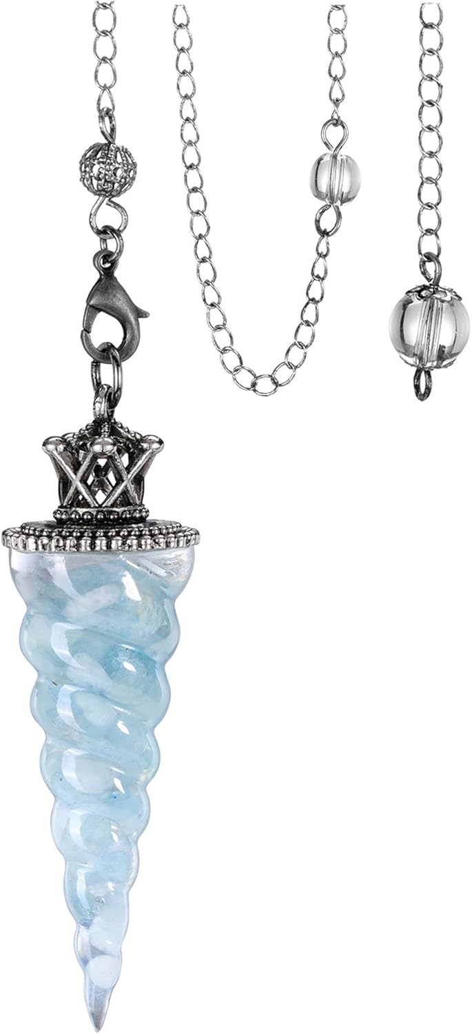 Jovivi Natural Aquamarine Crystal Pendulums for Divination Dowsing, Crown Sprial Cone Pointed Pendant Pendulum with Chain, Resin Chip Stones Healing Reiki Chakra Gemstone Pendulum Wiccan Witchcraft