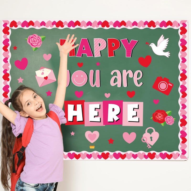 Lonfliness Valentine's Day Bulletin Board Decoration Pink Red Heart Classroom Decorations Rose Dove Camera Envelope Paper Cutouts Happy You are Here Bulletin Board for Back to School Home Wall Decor - Image 4