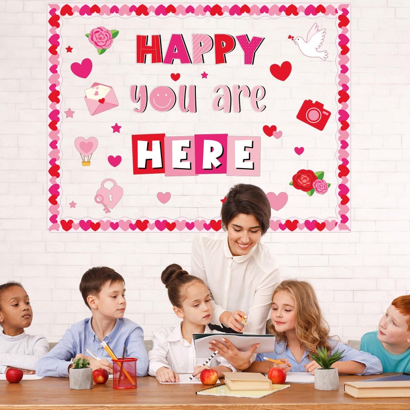 Lonfliness Valentine's Day Bulletin Board Decoration Pink Red Heart Classroom Decorations Rose Dove Camera Envelope Paper Cutouts Happy You are Here Bulletin Board for Back to School Home Wall Decor - Image 5