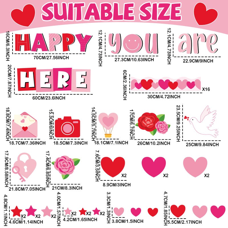 Lonfliness Valentine's Day Bulletin Board Decoration Pink Red Heart Classroom Decorations Rose Dove Camera Envelope Paper Cutouts Happy You are Here Bulletin Board for Back to School Home Wall Decor - Image 2