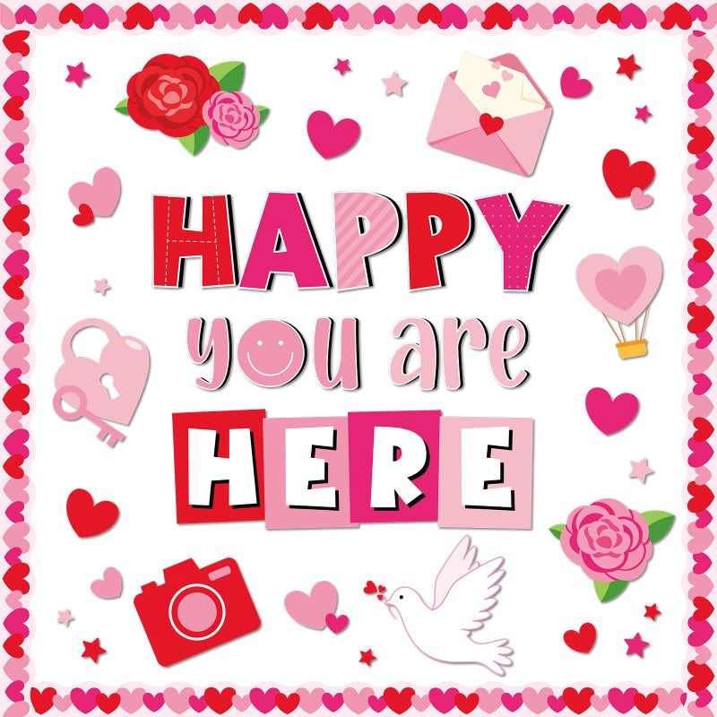Lonfliness Valentine's Day Bulletin Board Decoration Pink Red Heart Classroom Decorations Rose Dove Camera Envelope Paper Cutouts Happy You are Here Bulletin Board for Back to School Home Wall Decor - Image 1