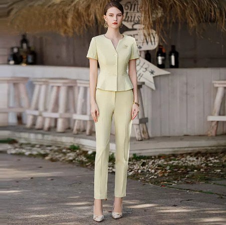 Summer Short Sleeve Chic Womens Waist-Cinching Suit Skirt SetYellow Top + suit pants Yellow Top + suit pants 