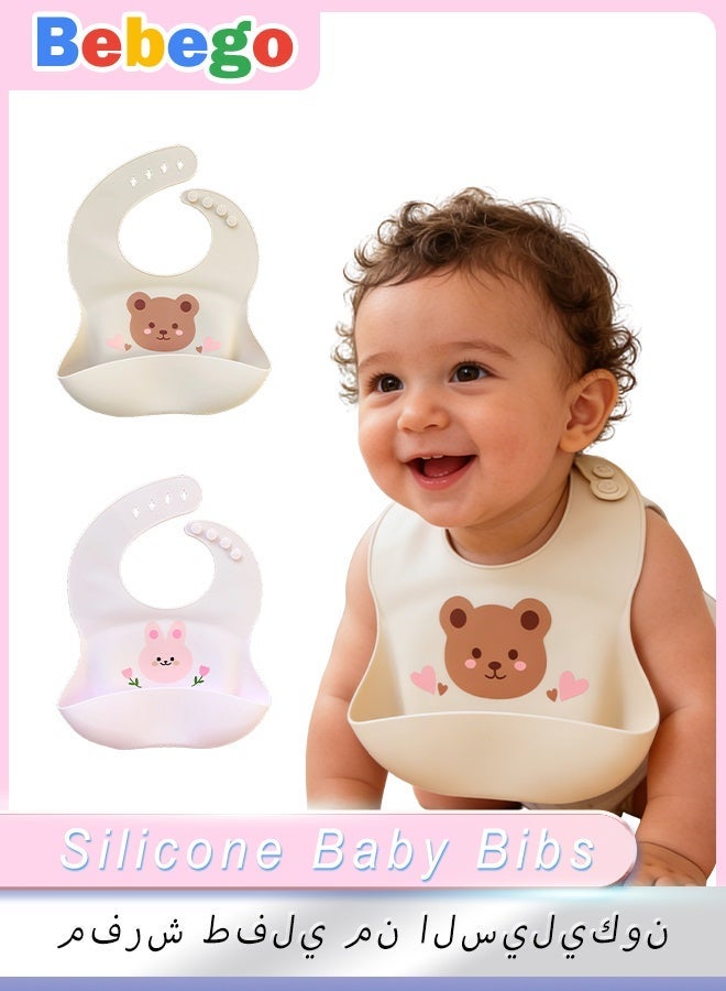 BEBEGO[2pcs Silicone Baby Bibs] 2pcs Soft & Durable Silicone Baby Bibs | Snap Closure, 360° Rotatable Design, Easy to Clean, Cute Cartoon Patterns " - Image 2