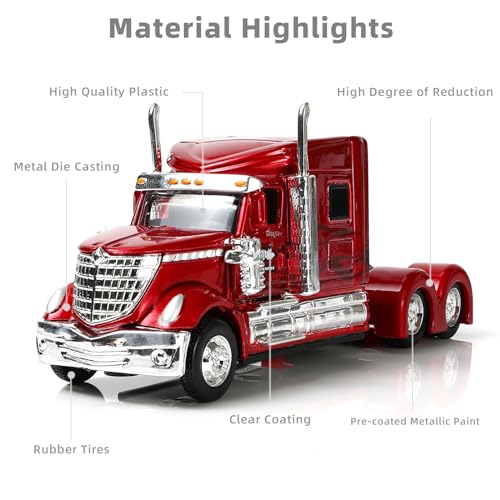 Risopen Semi Truck Toy, 1/64 Scale Alloy Metal Diecast Heavy Semi Truck Trailer Head Toy Model, International Lonestar Diecast Tow Traktor Gift for Boy Adult Model Car Collector -Red - Image 4