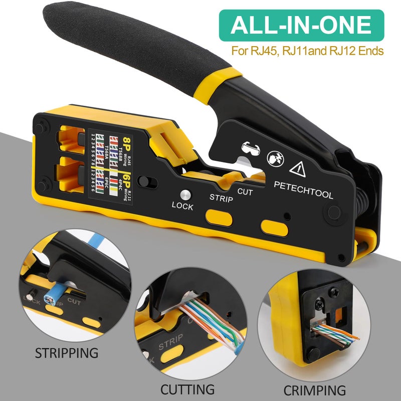PETECHTOOL RJ45 Crimp Tool Pass Through Ethernet Crimping Tool Kit Cat6 Cat5e Cat6a RJ45 Crimper with Cable Tester, Cat6 Connectors with RJ45 Boot Covers, Mini Stripper, Blades and Cable Ties - Image 2