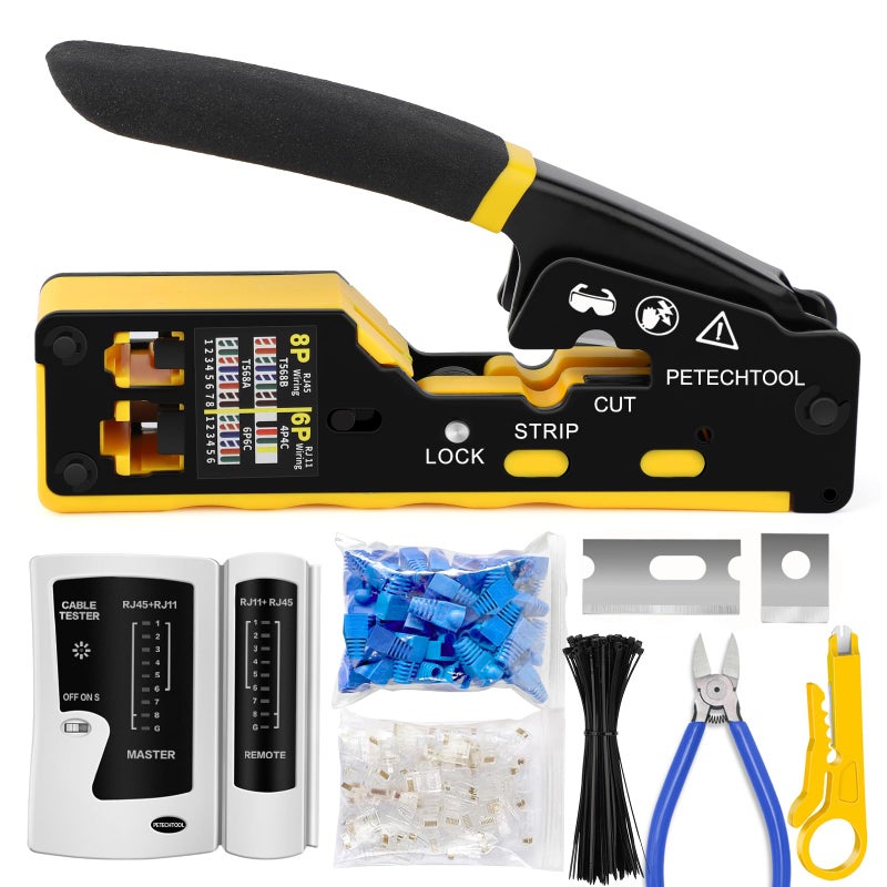 PETECHTOOL RJ45 Crimp Tool Pass Through Ethernet Crimping Tool Kit Cat6 Cat5e Cat6a RJ45 Crimper with Cable Tester, Cat6 Connectors with RJ45 Boot Covers, Mini Stripper, Blades and Cable Ties - Image 1