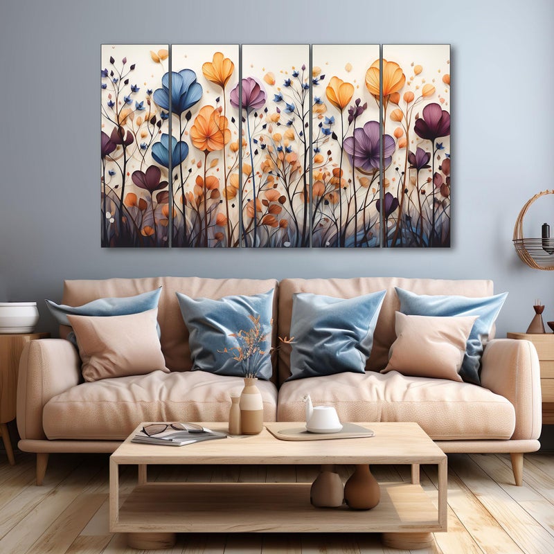 The Castle Decor ديكور القلعة - لوحة زهور تجريدية مع إطار 5 حجم كبير (27x48) لوحات فنية متعددة الإطارات لجدار غرفة المعيشة، غرفة النوم، غرفة الرسم، الفنادق بإطار خشبي - لوحة رقمية - Image 4