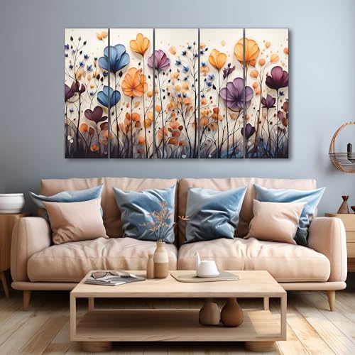 The Castle Decor ديكور القلعة - لوحة زهور تجريدية مع إطار 5 حجم كبير (27x48) لوحات فنية متعددة الإطارات لجدار غرفة المعيشة، غرفة النوم، غرفة الرسم، الفنادق بإطار خشبي - لوحة رقمية - Image 1