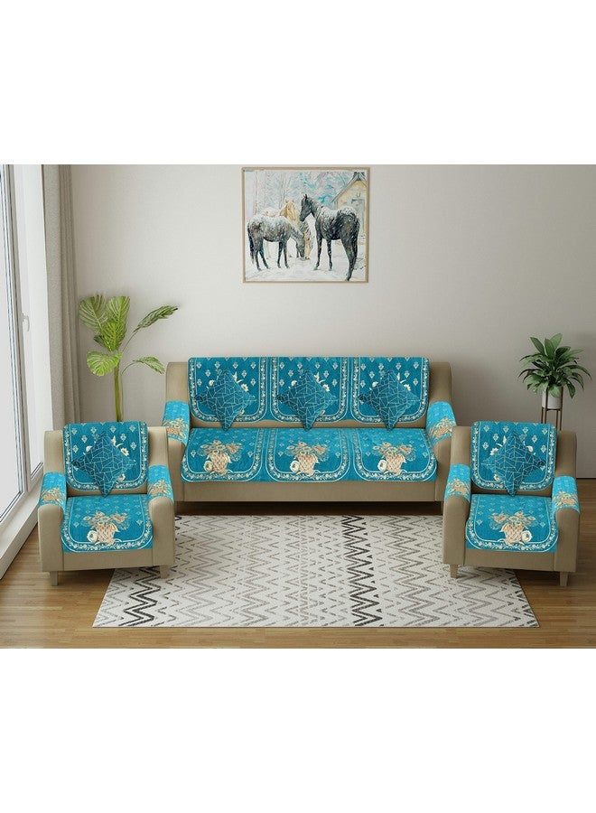 SAWNA HOMES 5 Seater Printed Sofa Cover Set with Arm Covers & Cushion Cover | Velvet Back Slip Panels for 3,1,1 Seater Sofa | Anti-Slip Washable Sofa Protectors for Living Room (17 Pcs, Sky Blue) - Image 1