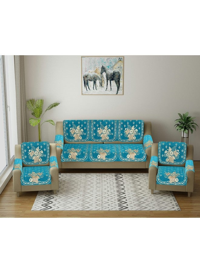 SAWNA HOMES 5 Seater Printed Sofa Cover Set with Arm Covers & Cushion Cover | Velvet Back Slip Panels for 3,1,1 Seater Sofa | Anti-Slip Washable Sofa Protectors for Living Room (17 Pcs, Sky Blue) - Image 2