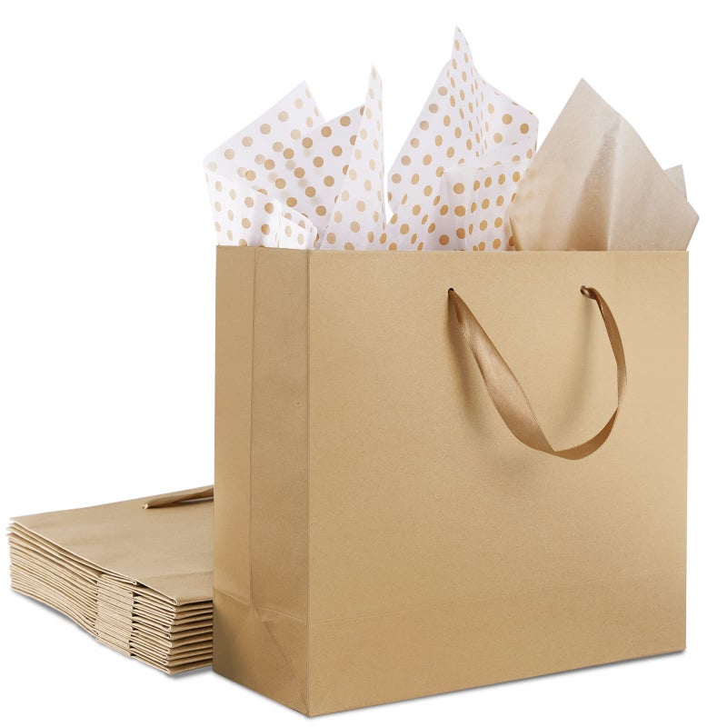 12 Pack Kraft Paper Bags Large Gift Bags with Tissue Paper Brown Paper Gift Bags with Ribbon Handles for Shopping Small Business Bridal Party Wedding Christmas and Holiday 125 x45 x11