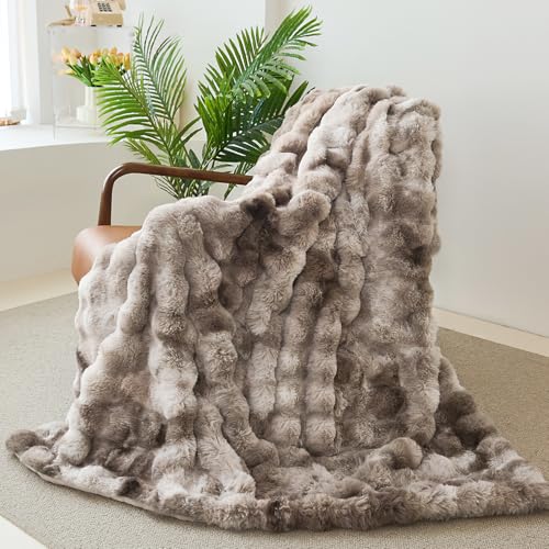Admitrack Faux Rabbit Fur Throw Blanket for Couch, Fluffy Warm Plush Thick Bubble Blanket for Bed Sofa Living Room, Soft Cozy Furry Blanket, 50x60 inches, Tie-dye Brown - Image 1