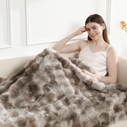 Admitrack Faux Rabbit Fur Throw Blanket for Couch, Fluffy Warm Plush Thick Bubble Blanket for Bed Sofa Living Room, Soft Cozy Furry Blanket, 50x60 inches, Tie-dye Brown - Image 2